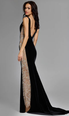Model wears the Jovani 42026 long prom dress, featuring black velvet fabric with a gold-embellished side panel and deep back, posed against a plain gray background.
