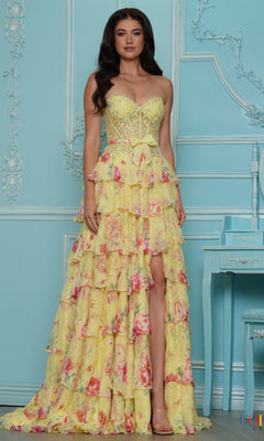 A yellow, strapless floral tiered Long Prom Dress: Colors Dress 4206 featuring a floor-length silhouette, a ruffled skirt, and a high leg slit.