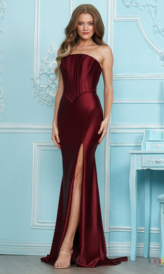 Long Prom Dress: Colors Dress 4208, a floor-length, wine-colored metallic jersey gown featuring a strapless corset-style bodice and a high leg slit.