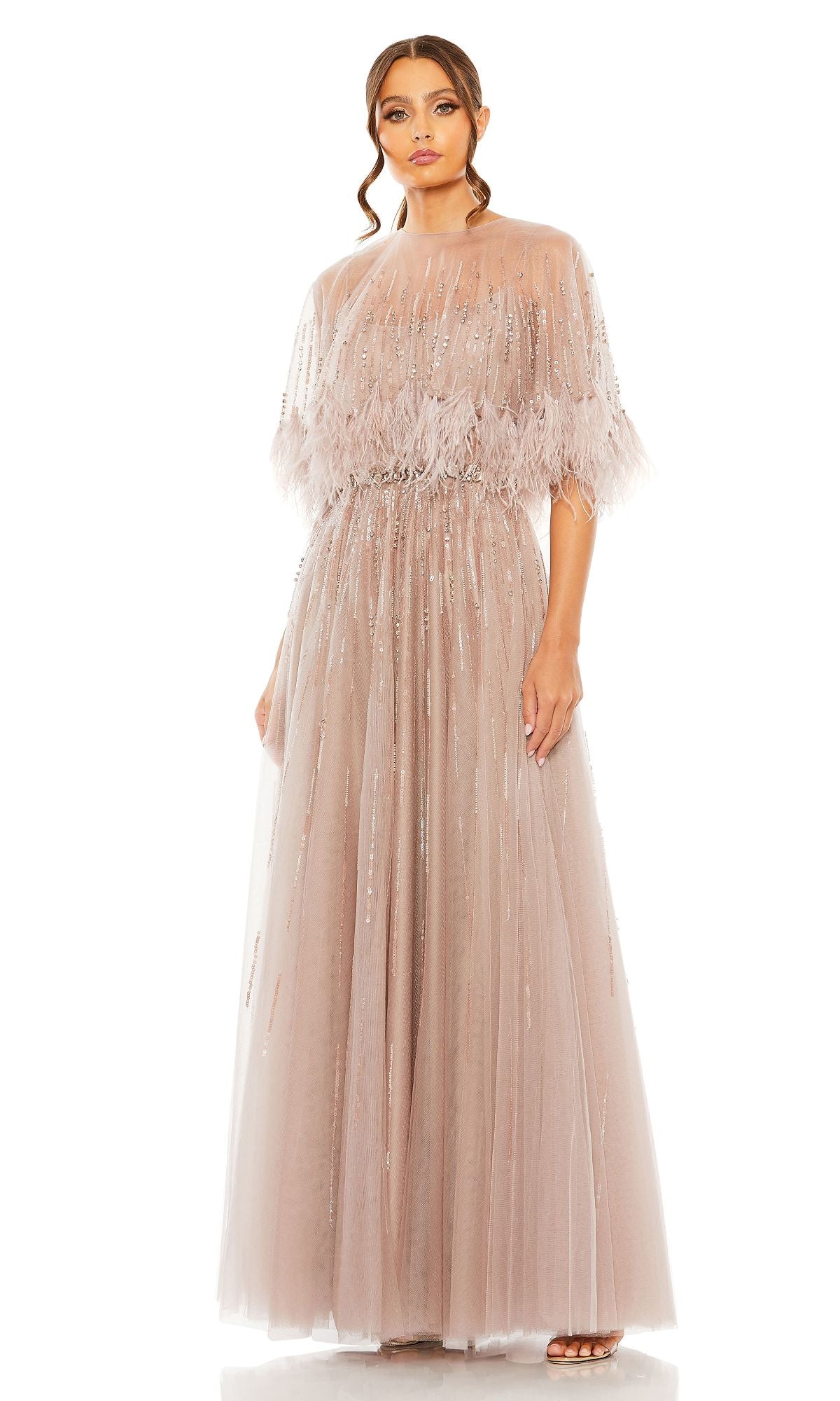 Mac Duggal Embellished A Line Wedding Guest Dress with Feather Detail Cape Mocha, Size 6 Mac Duggal Embellished A Line Wedding Guest Dress with Feather Detail Cape Mocha, Size 6