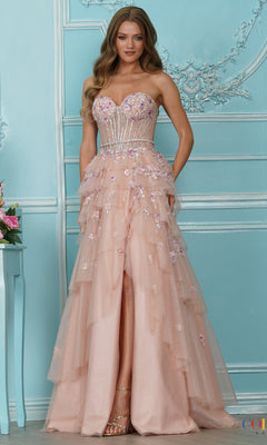 Colors Dress 4209 long prom dress in blush, featuring a strapless beaded corset bodice, 3D flower embroidery, and a tiered skirt with a high front slit.