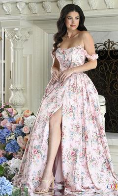 A person wearing a pink, off-the-shoulder floral Long Prom Dress: Colors Dress 4214 with a thigh-high slit.
