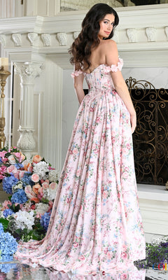 Colors Dress 4214 is a floor-length, off-the-shoulder pink floral prom dress featuring small fabric flowers on the sleeves.