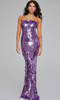 Woman facing straight at the camera wearing Jovani 4215, a strapless floor length purple sequin gown, in front of a solid grey background.