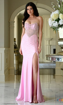 Long Prom Dress: Colors Dress 4218, a strapless pink corset dress with a floor-length silhouette, beaded bodice, and high thigh slit.