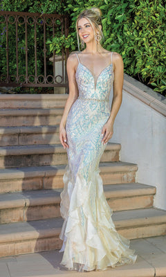 A woman wearing the Long Sequin Mermaid Prom Dress with Ruffles 4221, featuring a fitted silhouette, deep V neckline, and ruffled hem, stands on stone steps beside greenery.