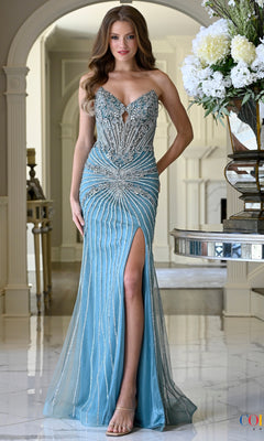 Seafoam green strapless Long Prom Dress: Colors Dress 4225 with a heavily beaded bodice, deep V-neckline, and a high leg slit.