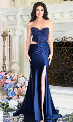 Long Prom Dress: Colors Dress 4232 in navy, featuring a strapless floor-length gown with a beaded sheer corset, waist cutout, and a high side slit satin skirt.