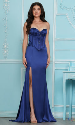 A woman wearing a blueberry Long Prom Dress: Colors Dress 4233, a floor-length strapless gown with a lace-up corset bodice and a high thigh slit.