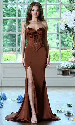 Long Prom Dress: Colors Dress 4233, a floor-length, strapless brown satin prom dress with a corset-style bodice, lace-up detailing, and a thigh-high slit.
