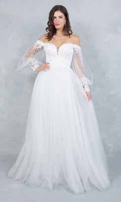 A woman poses in the Cinderella Couture 4233 long formal dress—an off-the-shoulder white gown featuring an embroidered bodice, long sheer sleeves, and a full tulle skirt—against a light gray textured background.