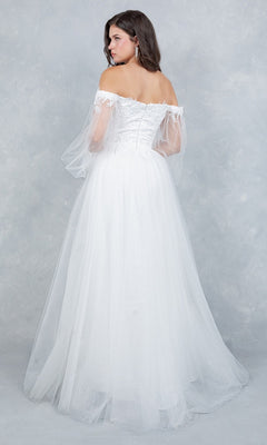 A woman stands with her back to the camera against a light gray background, wearing the Cinderella Couture 4233 long formal dress—an off-the-shoulder white gown featuring an embroidered bodice and a flowing tulle skirt in a classic A-line silhouette.