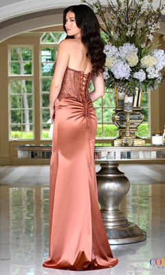 Long Prom Dress: Colors Dress 4235, a strapless, floor-length copper satin prom dress with a corset bodice and lace-up back detail.