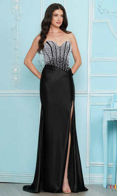 A strapless, floor-length pearl corset Long Prom Dress: Colors Dress 4240 with a black skirt, a white bodice, and a high side slit.