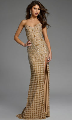 The Strapless Long Sequin Prom Dress: Jovani 42412 is a floor-length gold gown featuring a sweetheart neckline and a high side slit.