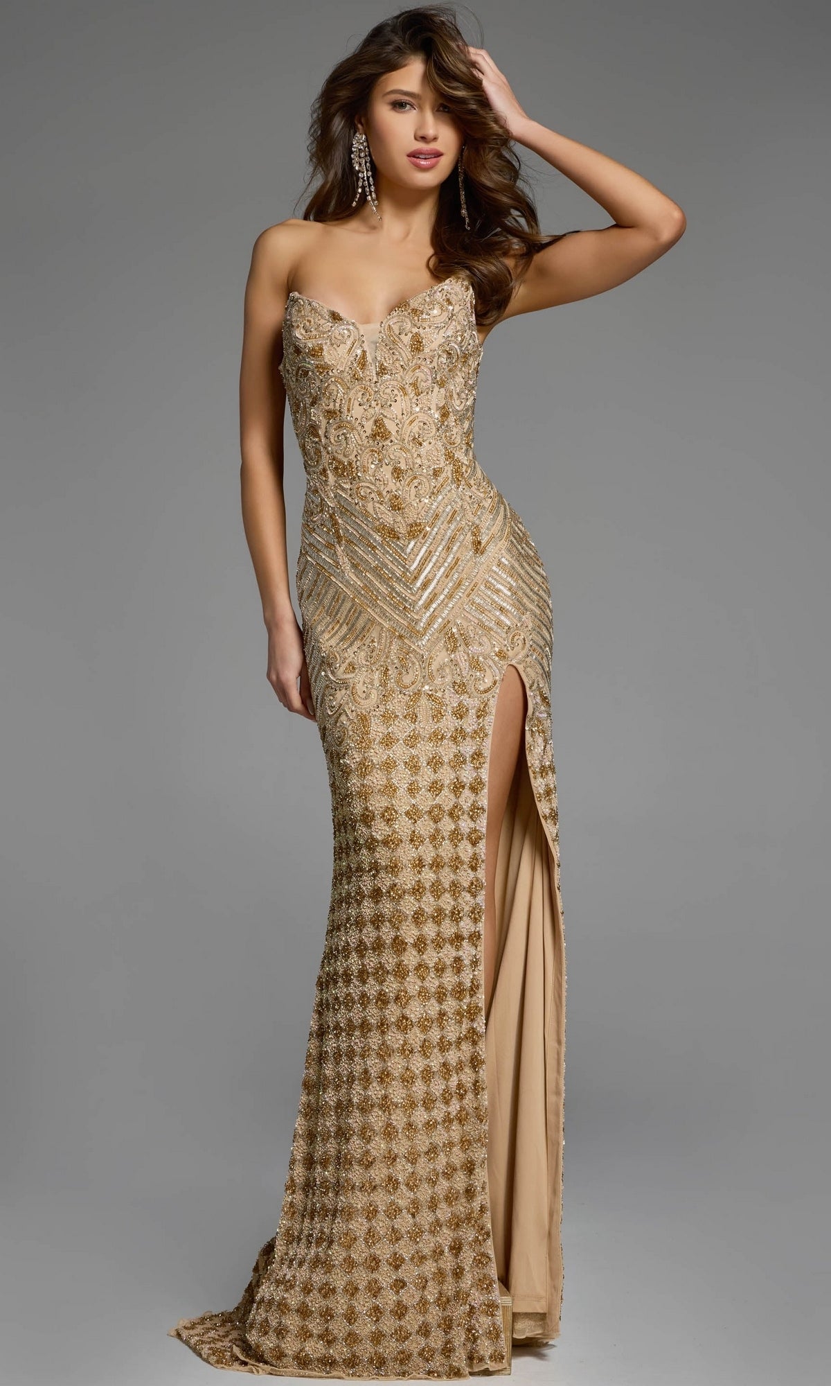 Strapless, floor-length Strapless Long Sequin Prom Dress: Jovani 42412 in gold with a sweetheart neckline and a high side slit.