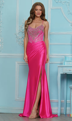 Long Prom Dress: Colors Dress 4242, a floor-length, hot pink beaded prom gown with a corset bodice and a side slit.