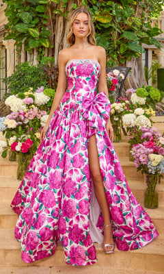 Strapless white and hot pink floral Ava Presley 42459 ball gown featuring a side bow, high slit, and beaded bodice.