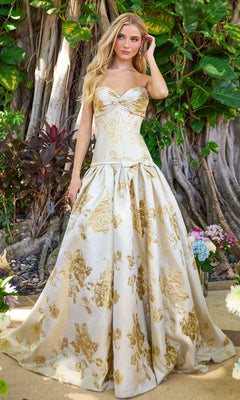 Ava Presley 42460 strapless gold floor-length ball gown with a sweetheart neckline and a metallic floral brocade pattern.