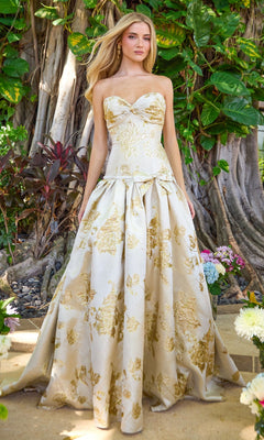 Ava Presley 42460 cream and gold floral brocade ball gown featuring a strapless sweetheart neckline and a voluminous full skirt.