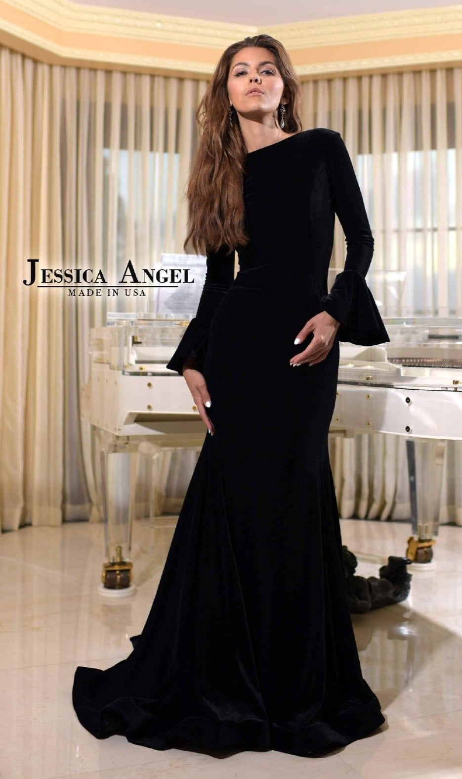 A woman in a bell-sleeve, floor-length black formal dress (Jessica Angel 425) stands before a white grand piano in an elegant room. Text on image: 
