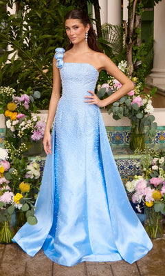 Powder blue strapless floor-length Ava Presley 42503 mermaid gown, embellished with pearls and a large floral accent on the shoulder.