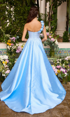 Back view of the light blue, floor-length pearl mermaid Ava Presley 42503 prom dress featuring a ruffled floral detail on one shoulder.