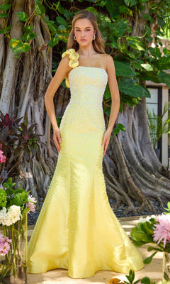 Ava Presley 42503 soft yellow strapless, floor-length prom dress with an embellished pearl bodice and a large floral detail on the shoulder.