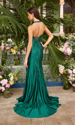 Back view of the Ava Presley 42520 long prom dress in emerald green, featuring a rhinestone halter neck, floor-length silhouette, lace-up back, and beaded detailing.