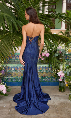 Long Prom Dress: Ava Presley 42520, a strapless navy blue floor-length gown featuring a corset-style lace-up back and beaded vertical detailing.