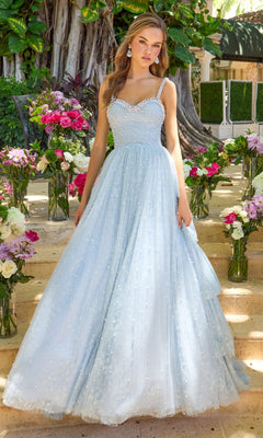 Long Prom Dress: Ava Presley 42526 light blue floor-length ball gown with a sweetheart neckline, beaded straps, and scattered pearl embellishments.