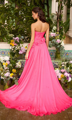 Back view of the hot pink, strapless, floor-length Ava Presley 42536 gown featuring rosette detailing at the waist.