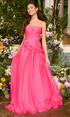 This hot pink Ava Presley 42536 strapless floor-length gown features a ruched bodice and a row of fabric roses at the waist.