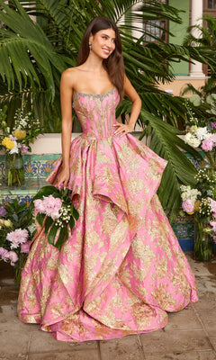 Ava Presley 42541 long prom dress in hot pink and gold, featuring a strapless metallic ball gown silhouette, gold floral patterns, and a crystal-embellished neckline.
