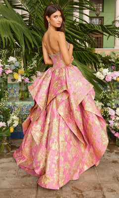 Ava Presley 42541 strapless pink ballgown with gold floral patterns, featuring a corset bodice and a voluminous, tiered metallic prom skirt.