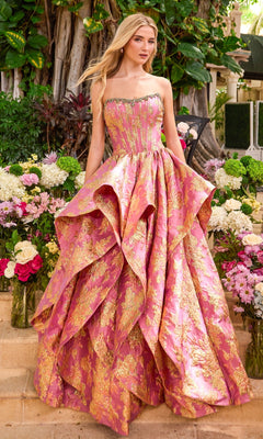 Long Prom Dress: Ava Presley 42541 strapless ball gown in pink and gold floral brocade with a corset-style bodice and a voluminous, layered metallic prom skirt.