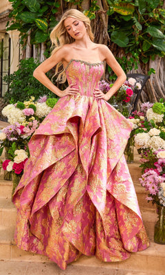 Strapless pink and gold Long Prom Dress: Ava Presley 42541 with a beaded bodice and a layered, voluminous skirt.