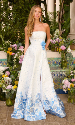 Long Prom Dress: Ava Presley 42542 strapless A-line gown in white with a blue floral hem, a blue flower waist accent, and a front slit.