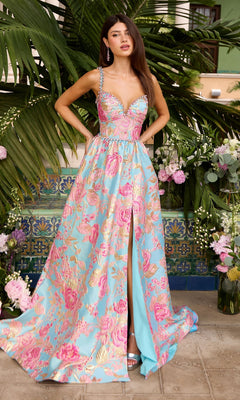 Ava Presley 42549 sleeveless, floor-length blue and pink floral brocade gown with beaded straps and a high leg slit.
