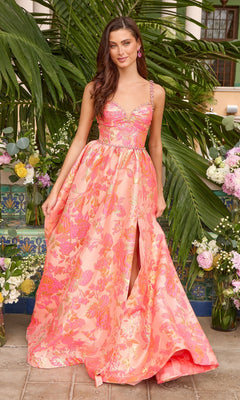 Coral pink Ava Presley 42549 floor-length A-line prom dress featuring a floral pattern, a sweetheart neckline, and a high leg slit.