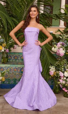 A strapless, lavender Long Prom Dress: Ava Presley 42552 floor-length mermaid gown with a corset-style bodice and a textured floral pattern.