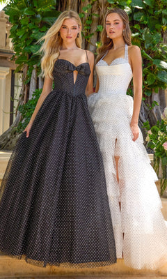 Two women stand side by side in Long Prom Dress: Ava Presley 42580 strapless floor-length ball gowns with polka-dot tulle overlays.
