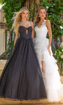 Two women wearing Long Prom Dress: Ava Presley 42580 polka dot ball gowns: one black dress with a bow detail, the other white with a high-low ruffled hem.