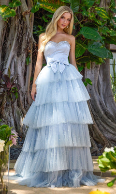Ava Presley 42589 light blue strapless tiered prom dress featuring a beaded sweetheart neckline, a bow at the waist, and ruffled layers.