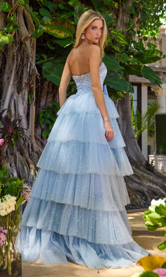 Long Prom Dress: Ava Presley 42589 in a strapless, light blue tiered ruffled ball gown style with a beaded bodice and pearl embellishments.