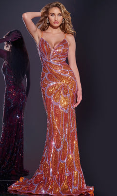 A woman in a fitted, floor-length orange/lilac Jovani 42600 Deep V-Back Long Sequin Prom Dress with spaghetti straps stands against a dark background, one hand in her hair. Another woman appears in the background.