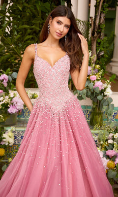 Ava Presley 42643 is a floor-length pink beaded prom dress with a V-neckline, featuring dense crystal embellishments on the bodice that taper down into the tulle ball gown skirt.