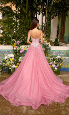 Back view of the Long Prom Dress: Ava Presley 42643, a floor-length pink ball gown featuring a beaded bodice and a full tulle skirt.