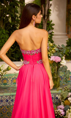 Back view of the Long Prom Dress: Ava Presley 42650, a strapless, floor-length hot pink gown featuring green and pink beaded floral accents at the bodice and waist.