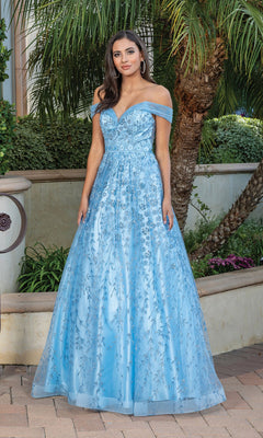 A woman stands outdoors among greenery and palm trees, wearing the Long Formal Dress 4273—a light blue, off-the-shoulder ball gown with delicate embroidery.